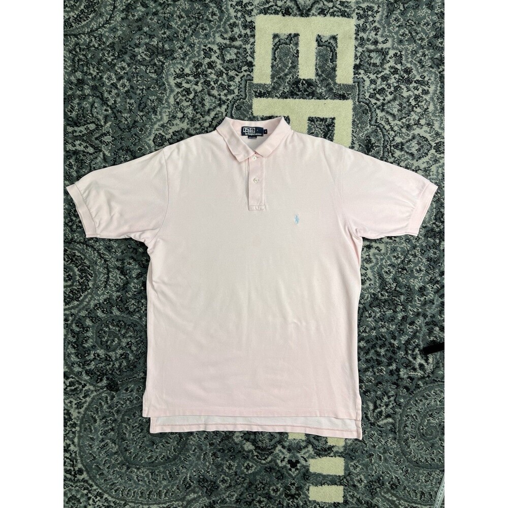 Ralph Lauren Polo Shirt Mens Large Pink Blue Pony Short Sleeve Cotton Knit Logo